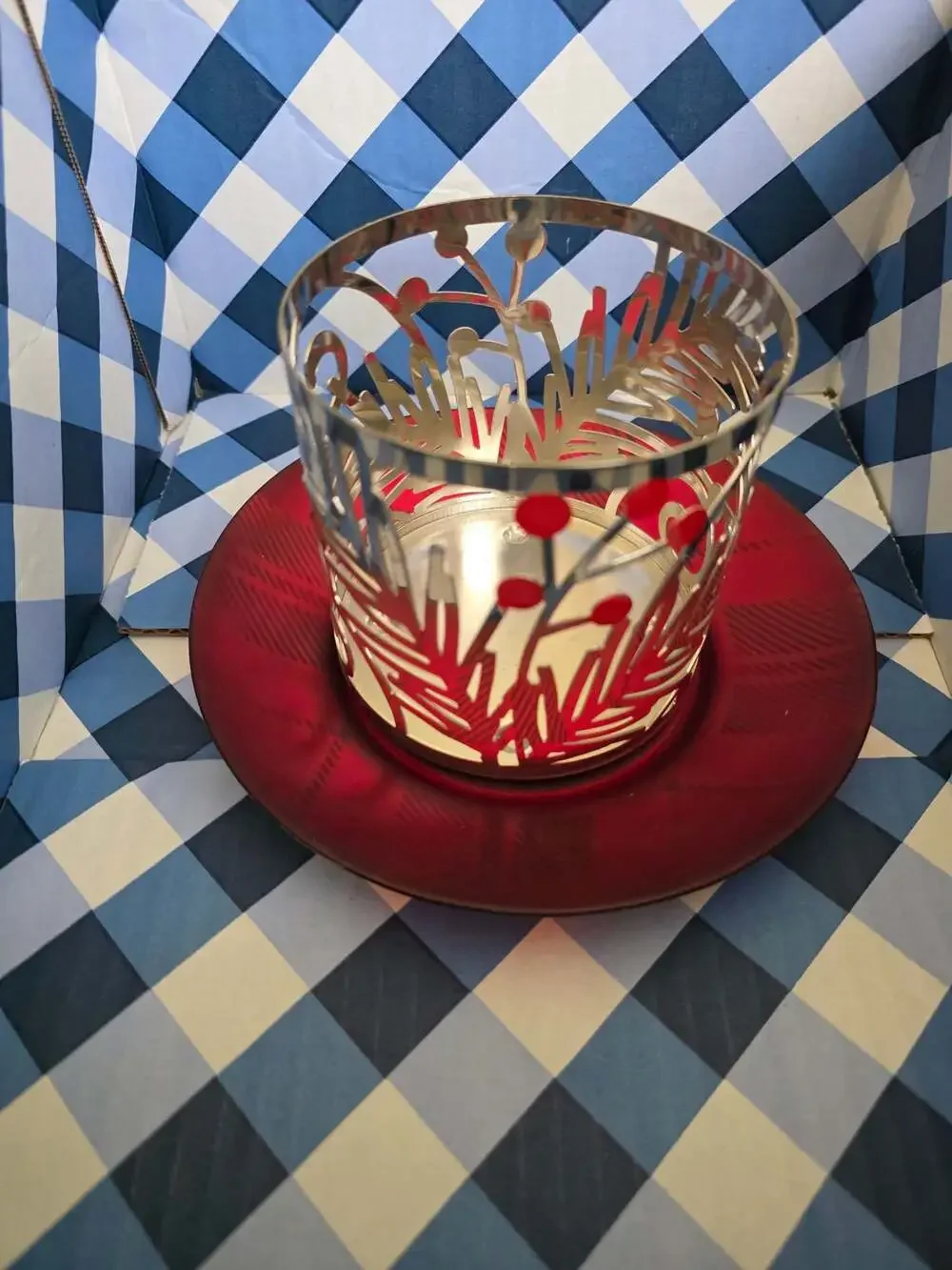 Bath & Body Works Holiday Plaid & Gold Branches 3-Wick Candle Holder